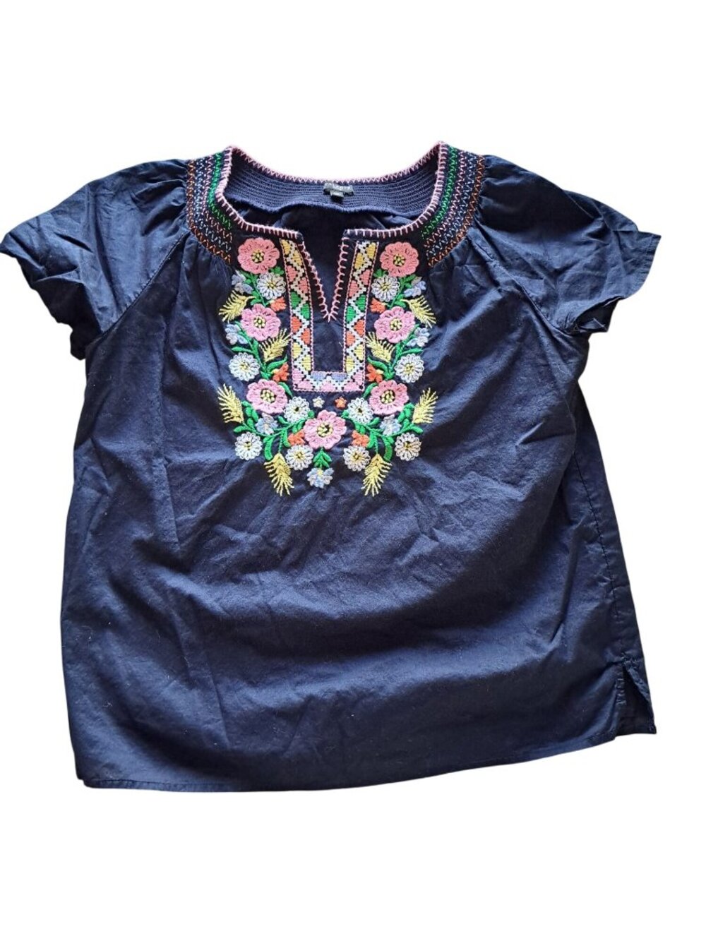 Talbots Petites Navy Heavily Embroidered Floral Blouse M/P Cotton Short Sleeve - Picture 2 of 10
